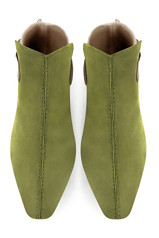 Pistachio green and gold women's ankle boots with buckles at the back. Square toe. Flat flare heels. Top view - Florence KOOIJMAN